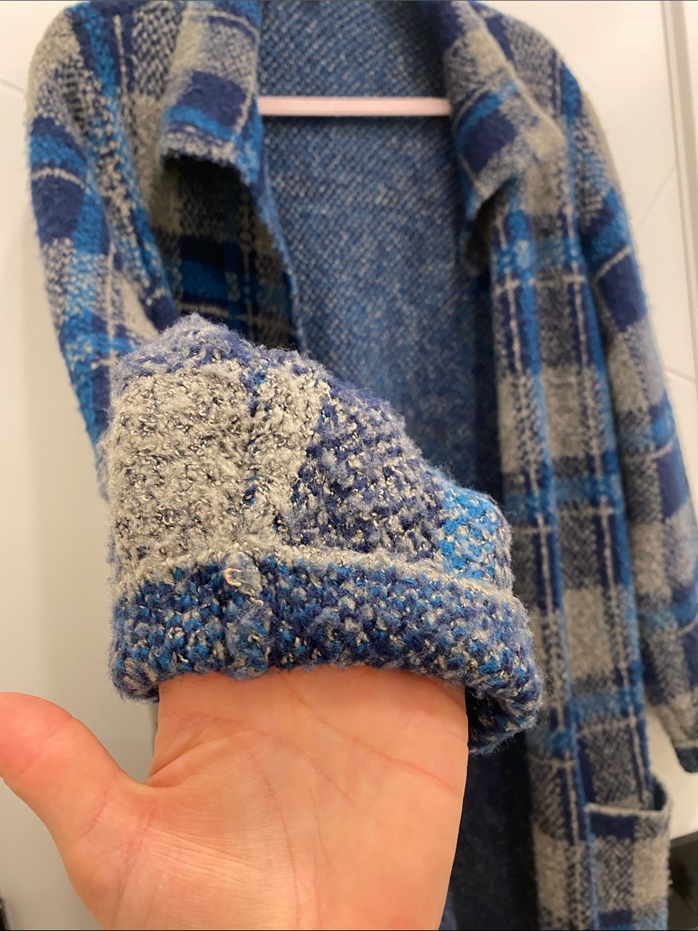 Lily Morgan L Blue Gray Plaid Open Front Coatigan | Oversized Chunky Knit - Picture 10 of 11